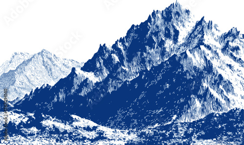 Mountain range sketch hand drawn blue ink style rugged peaks landscape — stock vector