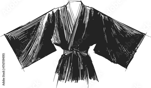 Kimono sketch with hand-drawn texture, V-neck wrap, tied obi belt — stock vector