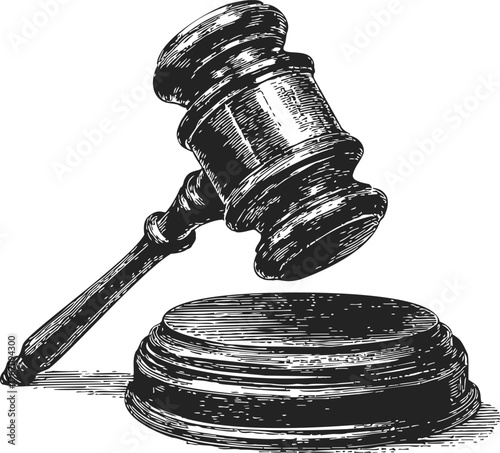 Gavel sketch hand drawn with sound block, detailed courtroom symbol — stock vector