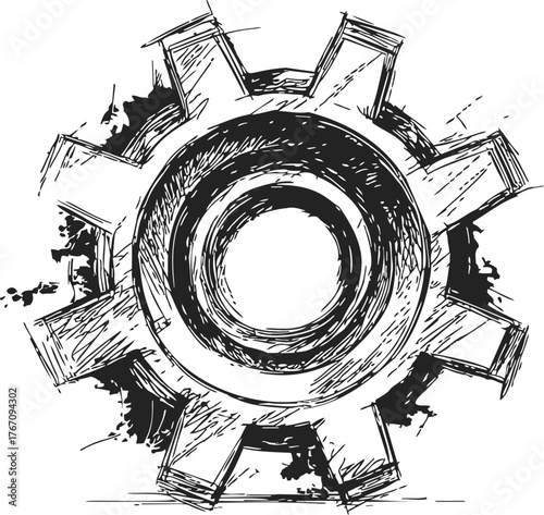 Gear sketch hand drawn style with rough textured lines and industrial details — stock vector