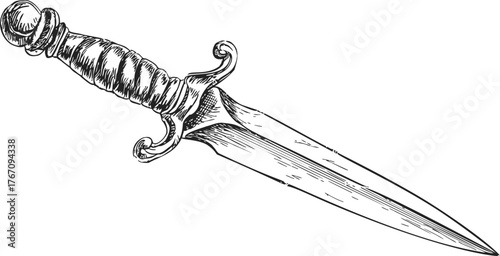 Dagger sketch hand drawn ornate handle and double edged blade — stock vector