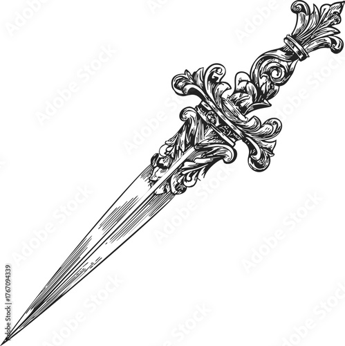 Ornate dagger sketch, hand drawn decorative blade with intricate floral handle — stock vector