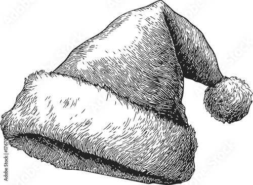 Santa hat sketch, hand drawn style with fluffy trim and pom pom — stock vector