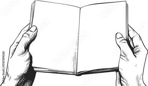 Open book in hands sketch, hand drawn line art illustration — stock vector