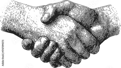 Handshake sketch illustration with detailed engraving shading and crosshatching technique — stock vector