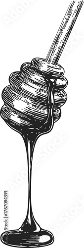 Honey dipper sketch hand drawn with dripping honey, vintage kitchen utensil — stock vector