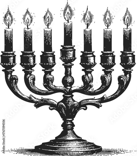 Menorah sketch, hand drawn seven-branched candelabrum with burning candles — stock vector