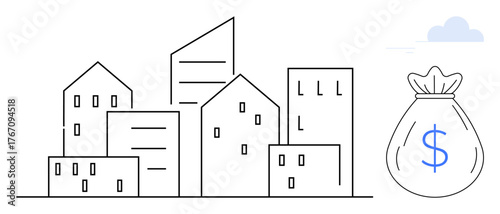 Outline of city buildings with a money bag featuring a dollar sign. Ideal for real estate, investments, financial growth, urban development, savings, housing market, economy themes. A simple flat