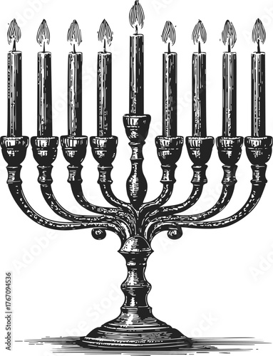 Hanukkah menorah sketch, hand drawn style, nine-branched candelabrum with lit candles — stock vector