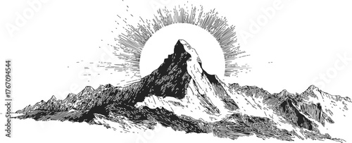 Mountain peak sketch, hand drawn line art with sunburst background — stock vector