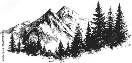 Mountain landscape sketch, hand drawn pine trees and rugged peaks in black and white — stock vector