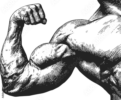 Muscular arm sketch, hand drawn vector flexing biceps, detailed anatomy, black and white — stock vector