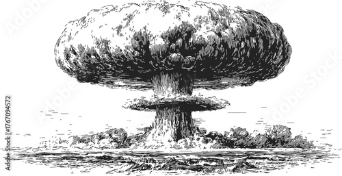 Mushroom cloud sketch, hand drawn explosion with detailed smoke and debris — stock vector