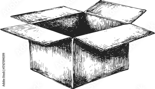 Open cardboard box sketch, hand drawn style, flaps open, isolated on white — stock vector