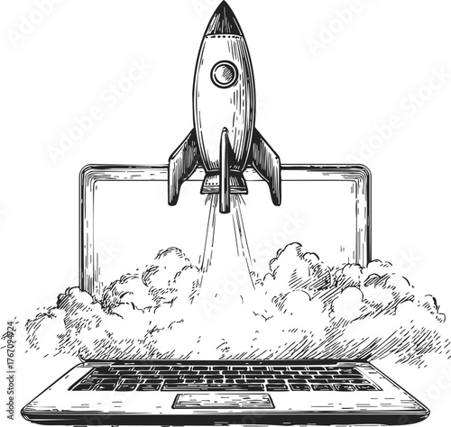 Rocket launching from laptop sketch, hand drawn style, startup concept with smoke and open screen — stock vector
