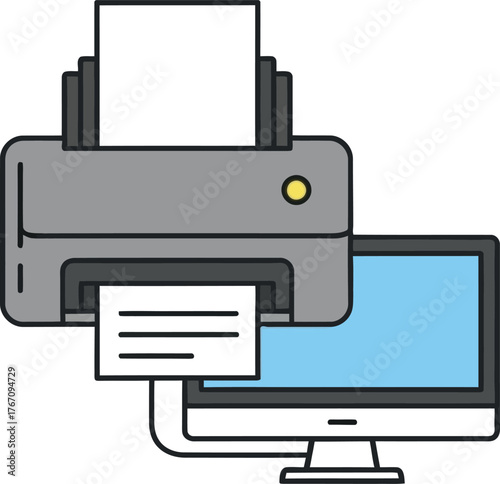 Modern computer monitor and printer connected for digital document printing and office work