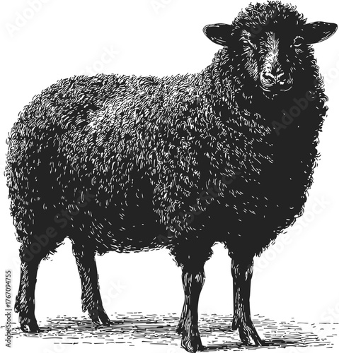 Black sheep with detailed wool texture, hand drawn sketch illustration — stock vector