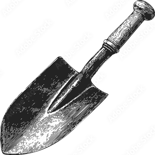 Garden trowel sketch, hand drawn style, detailed metal blade and wooden handle — stock vector