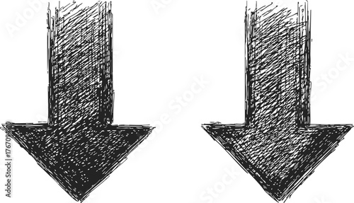 Down arrows sketch hand drawn style, two bold black scribble arrows pointing downward — stock vector