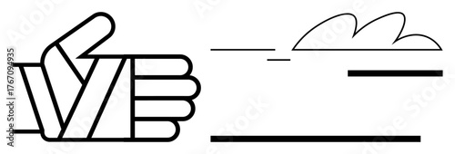 Stylized hand giving thumbs up next to dynamic flow lines and cloud outline. Ideal for approval, success, optimism, positivity, movement, teamwork, confidence. Simple flat metaphor