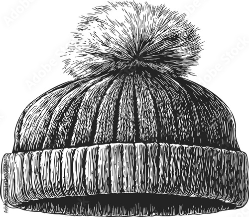 Knit beanie hat sketch hand drawn with pom pom and ribbed brim — stock vector