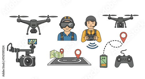 Drone Pilot and GPS Navigation Vector Illustration for Aerial Photography and Technology Concept
