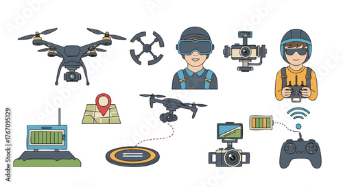 Drone Technology and FPV Pilot Vector Set for Aerial Photography and Remote Control Flat Design