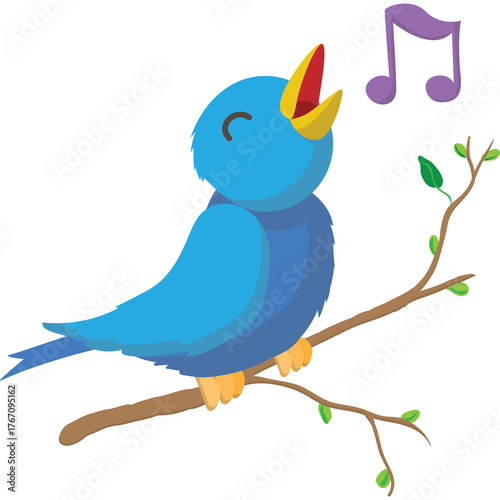 Εκτύπωση καμβά Blue Bird Singing Happily On A Tree Branch With Purple Music Notes In The Air An