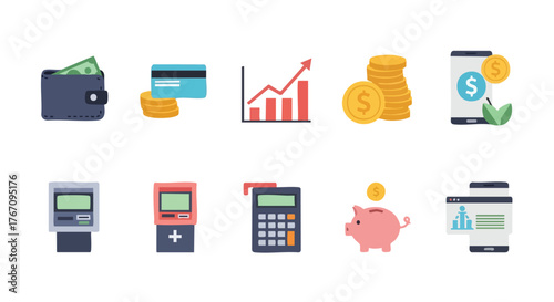 Finance and Banking Flat Icon Set for Money Management and Investment