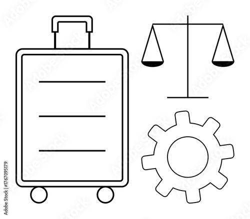 Suitcase on wheels, balanced justice scale, and gear wheel represent business travel, legal equality, efficiency, process optimization. Ideal for law, business, operations fairness balance