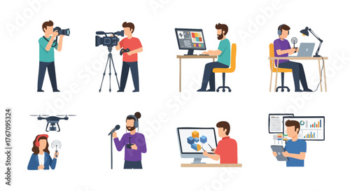 Media Production and Creative Professionals — Flat Vector Illustration Set
