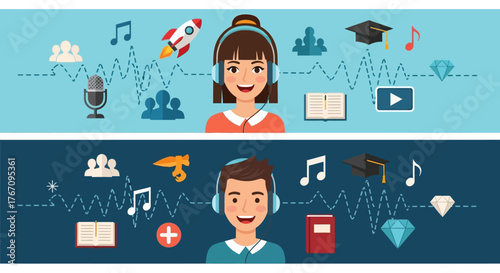Podcast Audio Learning Banners - Online Education Digital Content Vector Set