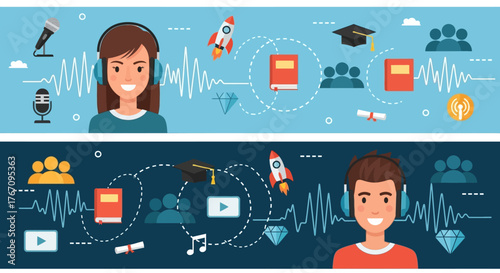 Podcast Audio Learning Banners - Online Education Digital Content Vector Set