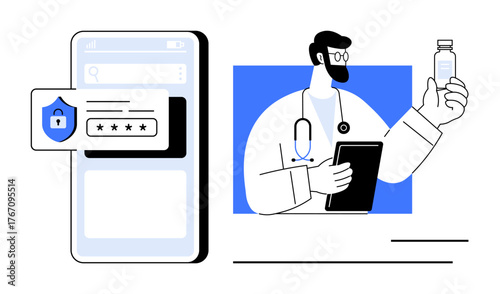 Doctor analyzing medicine bottle while holding a tablet. Smartphone screen showing secure password input. Ideal for healthcare, telemedicine, data security, digital health, medical innovation, trust