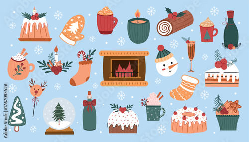 Merry Christmas set with cute elements for design. Christmas tree, gingerbread, candle, snow ball. For cards, banners, website, icons, fabrics