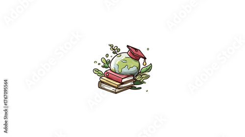 A cartoon illustration of a globe with a graduation cap on a stack of books