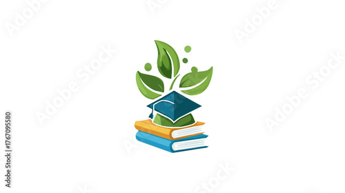 Stack of colorful books topped with mortarboard, green leaves and dots sprouting behind