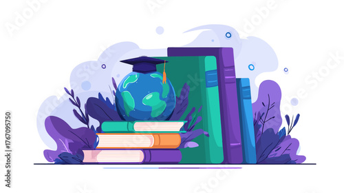 Stylized illustration of books, earth globe with mortarboard, and foliage