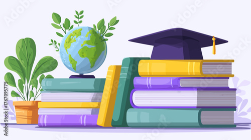 Books, globe, plant, mortarboard in pastel colors on light background, academic theme