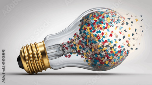 Lightbulb filled with jigsaw puzzle pieces disintegrating into the surrounding space