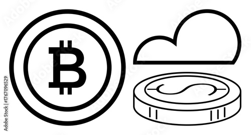 Bitcoin and dollar symbols with a cloud outline emphasize cryptocurrency, digital money, financial transactions, online storage, virtual economy, blockchain, decentralized networks. Ideal