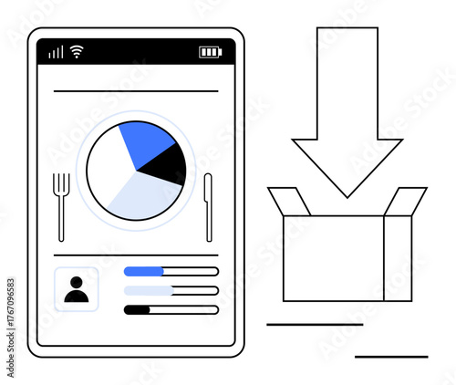 Mobile app interface showing pie chart with nutritional data, user profile, and progress bar next to a downward arrow pointing at a delivery box. Ideal for food tracking, health apps, meal planning