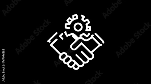 White graphic of hands shaking with a gear above them, all on a stark black background
