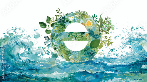 Watercolor wave and flora circle with divided white circle on a white background
