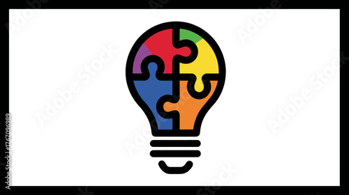 Colorful puzzle pieces arranged into a light bulb shape on a stark white backdrop
