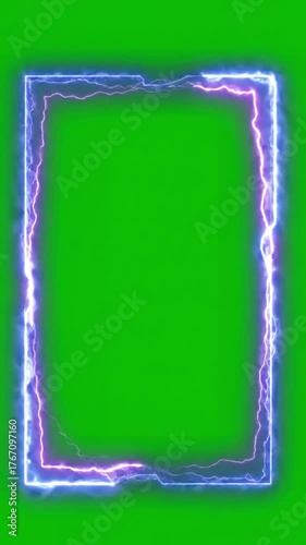 Neon Energy Frame with seamless looping lightning background or border on green screen distortion, overlay, glitch, static noise, scan lines black background, 4k animated video loop