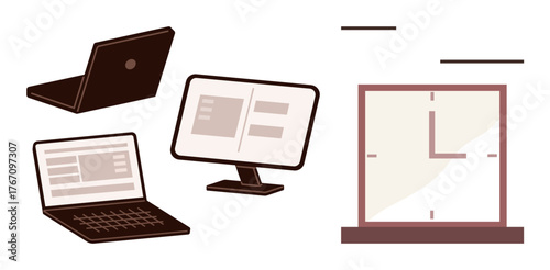 Laptops, desktop monitor, and wall clock highlight digital tools and timekeeping. Ideal for productivity, remote work, time management, scheduling, office routine, technology and multitasking in