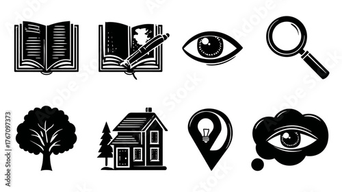 Assorted black-and-white graphics featuring books, eye, magnifying glass, tree, house and more
