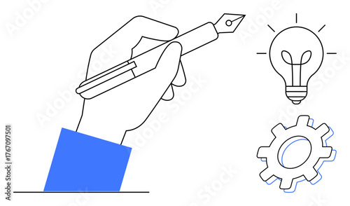 Hand holding a pen ready to write, surrounded by a glowing lightbulb and mechanical gear. Ideal for creativity, innovation, idea generation, design, engineering, productivity problem-solving. Simple