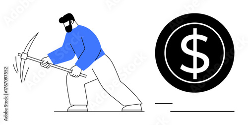 Man using pickaxe near large dollar coin, signifying effort, hard work, and value creation. Ideal for finance, economy, wealth, investment productivity business determination. A simple flat